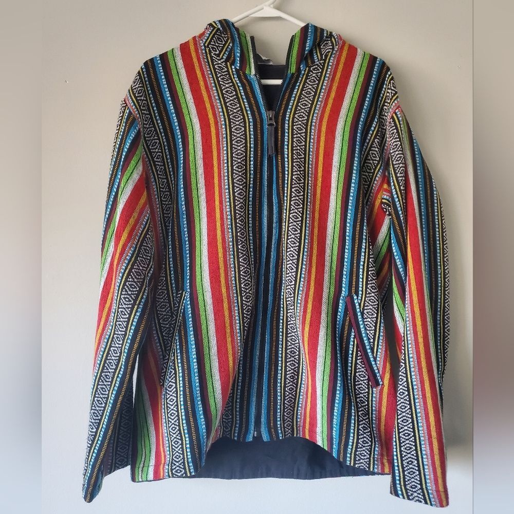 Ganesh Himal Colorful Boho Hippie Full Zip Jacket with a Hood Size Large Cotton